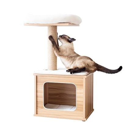 Catry 29.7" Tall 3 Level Laminated Wood Cat Tree with Large Base Condo, 2 Paded Steps, Natural Jute Scratching Post, Sturdy and Easy to Assemble for Small Cat, Brown - color: Brown