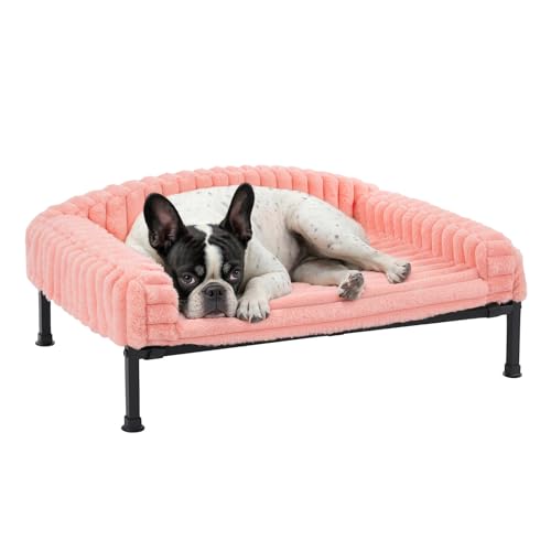 Veehoo Elevated Dog Bed with Bolster Cushion, Fluffy Plush Dog Couch Beds for Small Dogs, Cats, Washable Raised Pet Cot with Non-Slip Feet for Indoor or Patios Use, 24 x 18 Inches, Pink - color: Pink, size: 24.0"L x 18.0"W x 8.3"Th