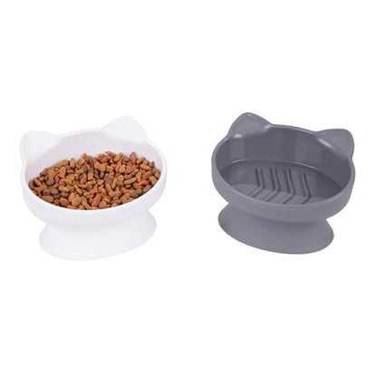 Kitty City Elevated Slow Feeder Cat Bowls (Set of 2), Whisker-Friendly Raised Cat Food Dishes with Ridges, Helps Reduce Fast Eating & Digestion Issues, Dishwasher Safe, 6.5 oz – White & Gray - color: White & Gray, style: Small - Slow Eat