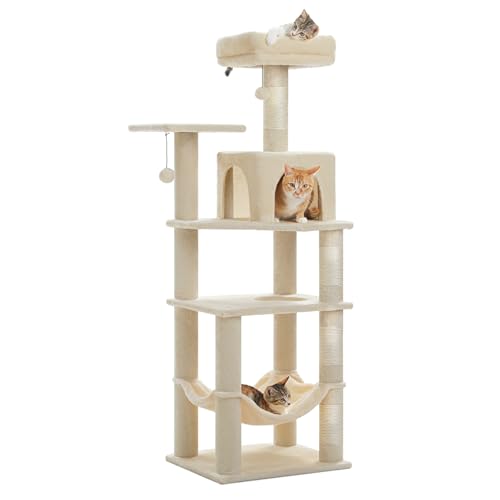 PEQULTI 56.3'' Cat Tree for Indoor Cats, Multi-Level Cat Tower with 2 Top Perch, Cat Condo, Hammock and Sisal-Covered Scratching Post, Beige - color: Beige, size: 56''