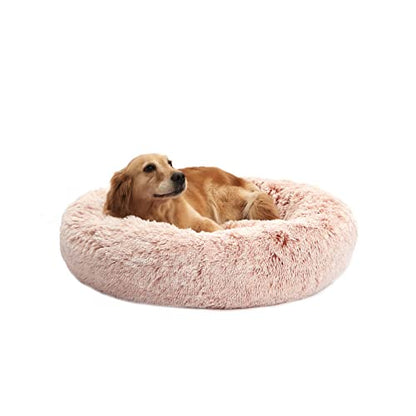Bedfolks Calming Donut Dog Bed - 36" Round, Fluffy, Anti-Anxiety, Machine Washable Pet Bed (Pink, Large) - color: Pink, size: 36.0"L x 36.0"W x 8.0"Th