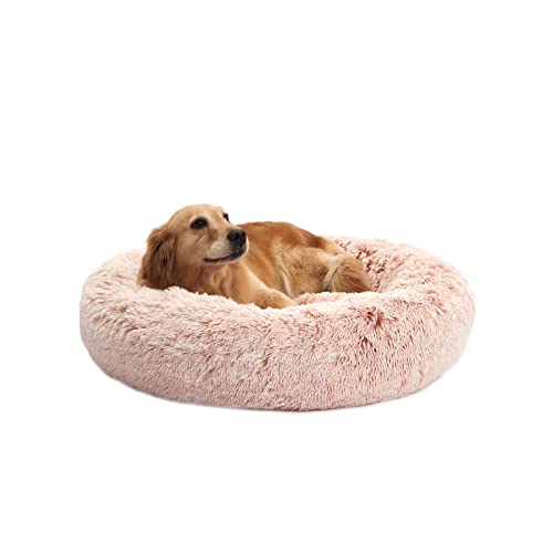 Bedfolks Calming Donut Dog Bed - 36" Round, Fluffy, Anti-Anxiety, Machine Washable Pet Bed (Pink, Large) - color: Pink, size: 36.0"L x 36.0"W x 8.0"Th