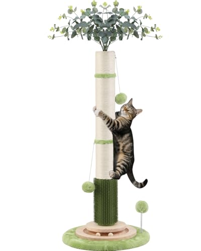 45'' Extra Tall Cat Scratching Post for Large Cats,3.5Inch Natural Sisal Scratcher with Solid Wood Base,Stable Cat Scratch Post with Interactive Toy,Self Groomer,Climbing Pole for Full Body Stretching - color: green-45inch