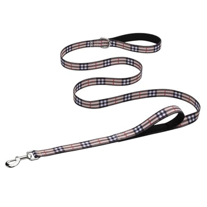 Hikiko Double Handle Dog Leash Cute Girl 5 Foot Padded Traffic Handles for Walking Training (Beige Plaid, 5ft) - color: Beige Plaid, size: 1 in x 5 ft