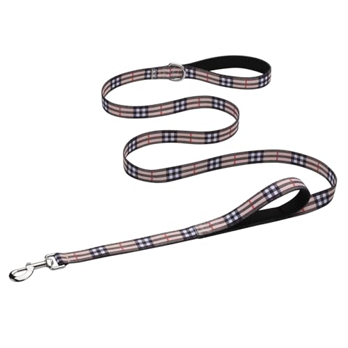 Hikiko 4 Foot Cute Girl Double Handle Dog Leash Padded Traffic Handles for Walking Training (Beige Plaid, 4ft) - color: Beige Plaid, size: 3/4 in x 4 ft