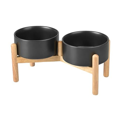 SPUNKYJUNKY Ceramics Raised Dog Bowls with Wooden Stand - Elevated Dog Feeding Set (Double 28.7OZ, Black) - color: Black(Double Bowls Set), size: Medium - 3.6 CUPS