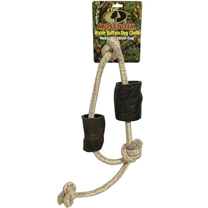 QT Dog Mossy Oak: Water Buffalo Horn & Tug Dog Chew - 34" Slip-Knot Natural Cotton Rope, Pet Toy, No Preservatives, Horn, Long-Lasting, Combines Play-Chewing - style: 34"