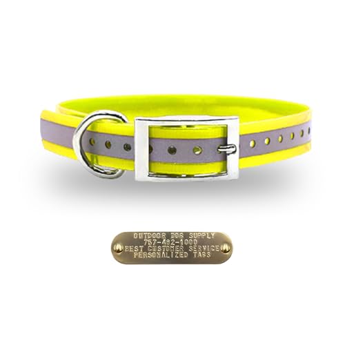 Outdoor Dog Supply Personalized 1" Reflective Yellow Extra Long D-Ring Dog Collar with Custom 3/4" Brass Nameplate | Waterproof, Odor-Resistant, Adjustable for Large and Giant Breed Dogs - color: Yellow