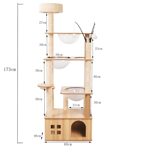 66.8'' Wooden cat Tree with cat Condo, Cat Stairs Scratching Posts, 3 Bowl,Toys,Sisal Scratching Posts and Top Perch.Cat Tree for Large Cats.