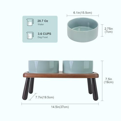 SPUNKYJUNKY Ceramic Elevated Dog Bowls Raised with Acacia Bamboo Wooden Stand, 6.1'' Dog Cat Food Water Bowls Set Non-Slip for Small Medium Sized Breed Microwave Dishwasher Safe - 28.7 OZ,Light Green - color: Light Green, size: 6.1 in - Dual