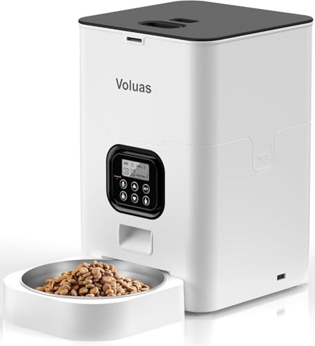 VOLUAS Automatic Cat Feeders - Timed Pet Feeder for Cats and Dogs with Dry Food Dispenser, Desiccant Bag, Programmable Portion Control, 4 Daily Meals, 10s Voice Recorder - color: White Opaque, size: 4 L