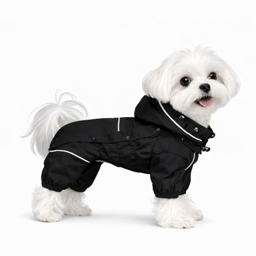 LOVELONGLONG Waterproof Dog Raincoat with Removable Hood – Outdoor Full Body Dog Jacket, Windproof Snowproof Shell Suit – All Season Pet Rain Gear Black XS - color: Black, size: XS (Back 10.5")