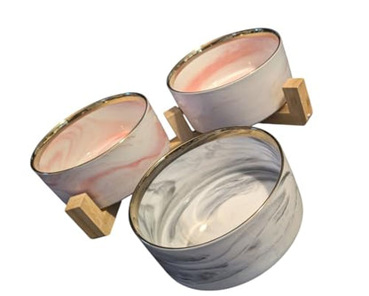 Ceramic Pet Bowl (Marble Design) Set of 2 with Stand, 2 Cups and 4 Cups Capacity (Marble Pink, Gold Rim, 950 ml (4 Cups) Medium) - color: 4. M-Marble pink Gold, Medium, 4 cups per bowl