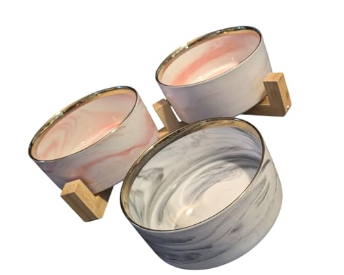 Ceramic Pet Bowl (Marble Design) Set of 2 with Stand, 2 Cups and 4 Cups Capacity (Marble Pink, Gold Rim, 950 ml (4 Cups) Medium) - color: 4. M-Marble pink Gold, Medium, 4 cups per bowl