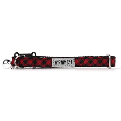 THE WORTHY DOG Patterned Bias Buffalo Plaid Cat Collar with Bell, Adjustable Nylon Safety Collar, Red/Black, One Size - color: Red/Black-Bias Buffalo Plaid