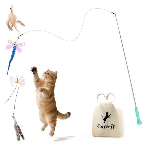 Cat Wand Toy – Retractable Wand with 4 Feather Toy Refills for Indoor Cats Enrichment, Interactive Cat Toy for Bored Adult Cats and High-Energy Kittens (HuntMaster) - color: HuntMaster