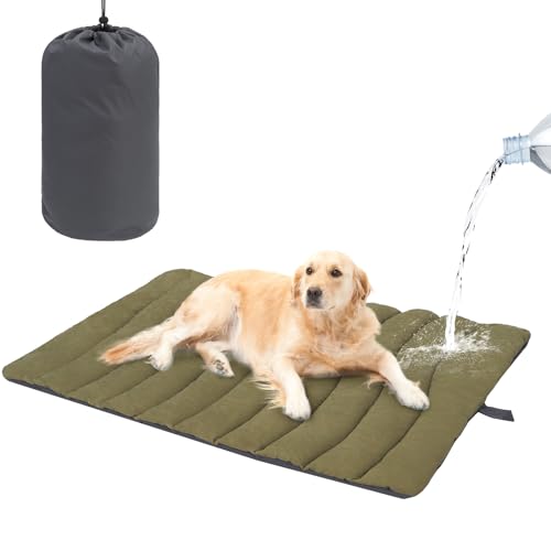 BEAUTYZOO Outdoor Dog Bed Waterproof, Camping Dog Bed Reversible, Portable Travel Bed with Carry Bag- Machine Washable, Durable, Foldable Outdoor Pet Bed Mat for Medium Large Dogs, 35” x 51“ Green - color: Army Green, size: 51.0"L x 35.0"W x 2"Th