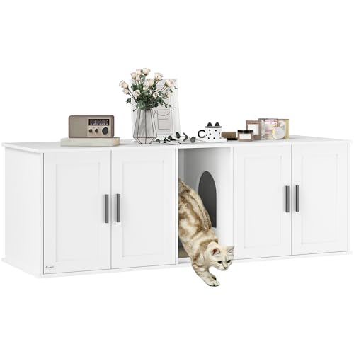 PawHut Cat Litter Box Enclosure for 2 Cats, Hidden Litter Box Furniture with Double Room, Scratching Mat, Kitty Washroom Furniture, 57" x 19" x 20", White