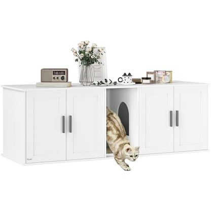 PawHut Cat Litter Box Enclosure for 2 Cats, Hidden Litter Box Furniture with Double Room, Scratching Mat, Kitty Washroom Furniture, 57" x 19" x 20", White