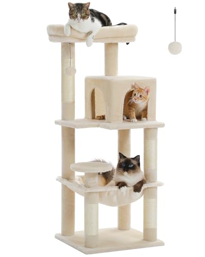 MUTTROS Cat Tree for Indoor Cats, 45.7" Multi-Level Cat Tower with Large Metal Frame Hammock, Cat Condo with 4 Scratching Posts and Top Perch for Small Medium Cat, Beige - color: Beige, size: 45.7in