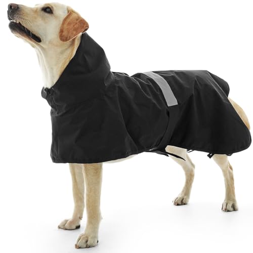 Nanaki Dog Rain Coats with Hood, Reflective Pet Raincoat with Leash Hole, Hooded Rain Ponchos for Rainny Snow Days,Windproof Waterproof Dog Coat Jacket Vest for Outdoor Hiking Walking Hunting Black L - size: L(Back Length: 17")