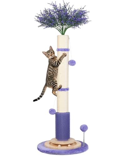 Cat Scratching Post for Indoor Large Adults,45'' Tall Vertical Cat Scratcher with 3.5Inch Diameter Sisal Post for Protect Furniture,Cute Tree with Interactive Ball Toys Self Groomer Brush for All Cats - color: pruple-45inch