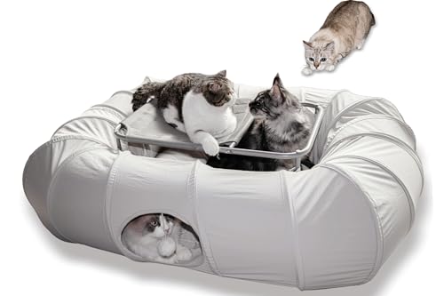 XxingSheep 2-Tier Cat Tunnel & Hammock Bed XXL, 4 Cave Shuttle with Elevated for Multiple Cats Toy Light Grey - color: Light Gray, size: Extra Extra Large