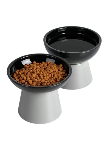 LoeJan Elevated Cat Food and Water Bowls Set, Extra Wide and Raised Ceramic Feeder, Anti-Vomit Whisker-Free Pressure Feeding Bowl for Kittens Adult Small Dogs(Black, 2 Pack) - color: Black, size: 2 Pack (Food & Water Bowls)