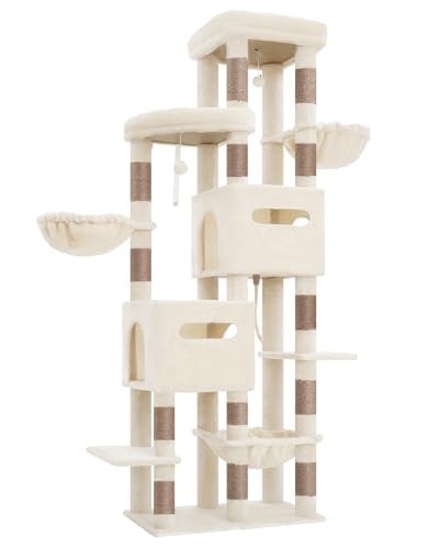 Heybly Cat Tree, 74.8-Inch Spacious & Tall Cat Tower for Large Cats, Cat Furniture with Large Top Perch, Solid Base, 2 Cat Condos, Hanging Hammock, Durable Sisal Scratching Posts, Beige HCT062MJ - color: Beige New