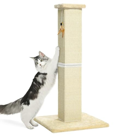 Made4Pets Cat Scratching Post, 32 Inch Natural Sisal Cat Scratcher with Kitten Toy, Tall Scratching Post for Indoor Cats Adults and Kittens, Beige - color: Beige-Sisal