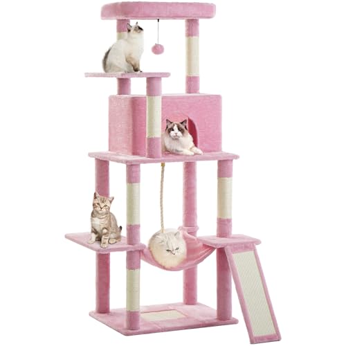 ABCPET Cat Tree Tower 63in Multi-Level Cat Tower for Indoor Cats with Sisal Scratching Posts, Condo, Hammock, Dangling Ball and Extended Platform for Cats to Play, Pink - color: Pink