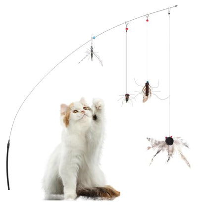 Cat Toys Wand Cat Fishing Pole Toy Cats Teaser Toys with 4 Realistic Hanging Refills