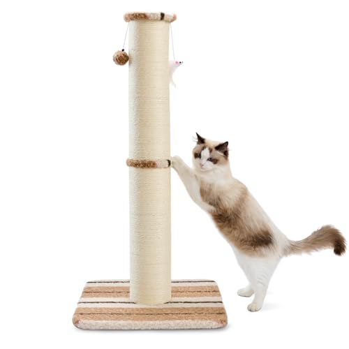 Joydeco Cat Scratching Post 34 Inches Heavy Duty and Thick Scratching Post Sisal Rope with Hanging Ball and Mice for Indoor Cats(Coffee) - size: 34 inch Coffee