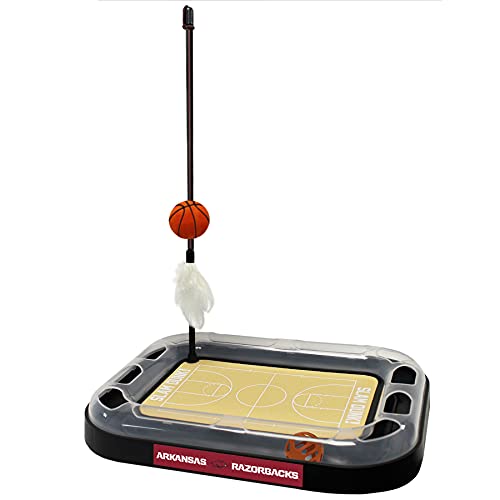 Cat Scratch Toy NCAA ARKANSAS RAZORBACKS REVERSIBLE Basketball Court Felt/Cardboard Cat Scratcher Toy. Interactive Cat Ball Bell in Tracks. 6-in-1 CAT TOY Cat Wand Poll, CATNIP-FILLED Plush Basketball - color: Arkansas Razorbacks