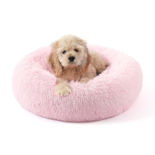 Calming Donut Dog Bed for Small to Medium Dogs & Cats - Plush Faux Fur Anti-Anxiety Pet Bed with Machine Washable Cover & Non-Slip Base - color: Light Pink, size: X-Small 15.7''