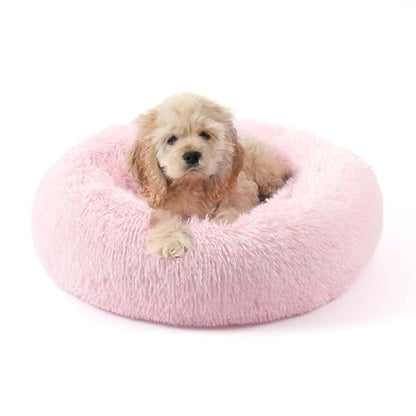 Calming Donut Dog Bed for Small to Medium Dogs & Cats - Plush Faux Fur Anti-Anxiety Pet Bed with Machine Washable Cover & Non-Slip Base - color: Light Pink, size: X-Small 15.7''