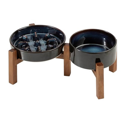 Havniva 1.2 Cup Elevated Slow Feeder Dog Bowls, 7.3” Dog Slow Feeding Bowls + 6.1” Ceramic Dog Water Bowls Set with Acacia Wood Stand, Dog Food Bowls Puzzle Feeder for Small Dogs Non-Slip Anti-choking - color: 2 x Starry Sky + Stand - C, size: M- 7.3inch