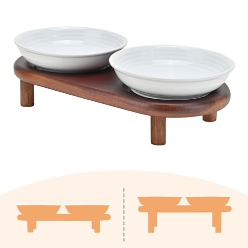 SPUNKYJUNKY Shallow Elevated Cat Bowl with Acacia Wood Stand Wide Raised Ceramic Cat Dishes Whisker Friendly Pet Food and Water Plates (Striped Pattern, White) - color: White