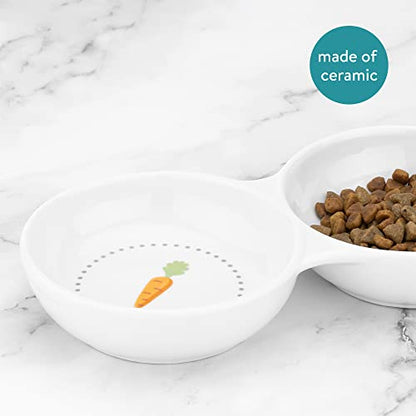 Navaris Double Food Bowl for Small Animals - Ceramic Food Bowls for Rabbits, Guinea Pigs, Small Pets - Rabbit Water Dish - Carrot and Grass Design - color: White