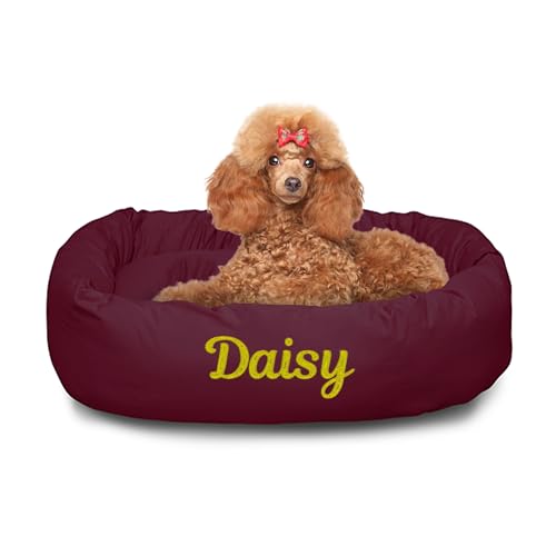 Majestic Pet Personalized 32 Inch Bagel Calming Dog Bed - Washable, Cozy Soft Round With Spine Support - Fluffy Donut 32x23x7 Inch Medium for Dogs to Rest Their Head - Burgundy - color: Burgundy, size: Medium