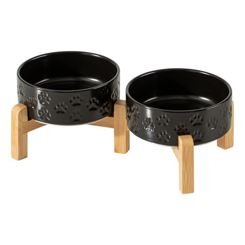 Elevated Ceramic Dog Bowl Set, 5.1" Dog Bowls with Dual Fixed Heights Stand, 1.6 Cup Food & Water Bowls for Toy Breed, Adult Cat, Small-Breed Puppy (Double Bowls + Stand - Black, 5.1 inch) - color: Double Bowls + Stand - Black, size: Xs - 5.1 Inch