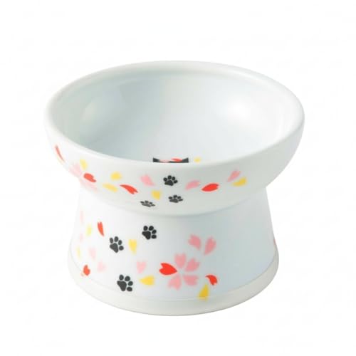 Necoichi Raised Cat Food Bowl – Ceramic Elevated Cat Bowl for Whisker & Neck Fatigue, Dishwasher Microwave Safe – Non-Slip & Anti Vomiting Ergonomic Design (Sakura Floral, Regular, 1-Cup Capacity) - color: Sakura, size: Small Flat (1 Cup)