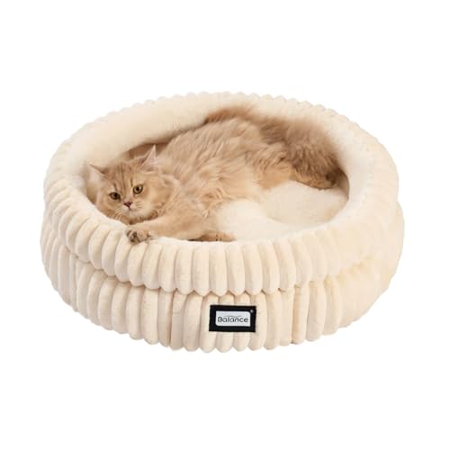 BALANCE Cat Bed Kitten Bed, Washable Round Cat Beds for Indoor Cats,Super Soft Plush Faux Fur Pet Bed for Puppy and Kitten with Anti-Slip Bottom - color: Winter White, size: 24.0"L x 24.0"W x 9"Th