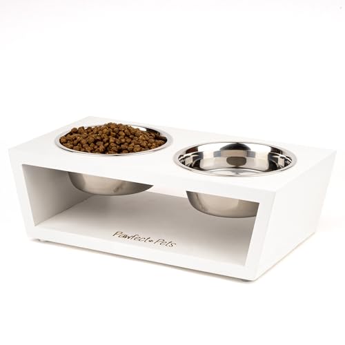 4" Tall Elevated Dog Bowls for Small Dogs and Cats. Raised Dog and Cat Food and Water Bowl Set by Pawfect Pets (White) - color: White