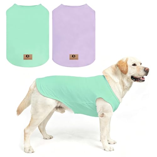 KOOLTAIL Large Dog Clothes for Boy Girl, 2 Pack Cotton Summer Dog T Shirts UV & Insect Protection for Outdoor Camping, Anti-Hair Loss Breathable Sleeveless Pet Vest Tank Tops Apparel, Green&Purple, L - color: Green&Purple, size: Large(Chest 24", Back 17")