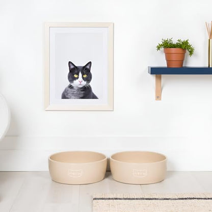 Pearhead Ceramic Cat Bowl – Neutral Taupe “Meow” Design, Holds 1.3 Cups, Stoneware Pet Dish, Whisker-Friendly Pet Feeding Bowl, Non-Skid, Small (Pack of 2) - color: Taupe "Meow", size: Bowl Set
