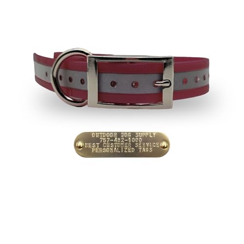 Outdoor Dog Supply 1" Heavy Duty Reflective Waterproof D-Ring Dog Collar for Medium & Large Dogs with 3/4" Custom Brass Nameplate (Reflective Burgundy, 18") - color: Reflective Burgundy, size: 18" Long