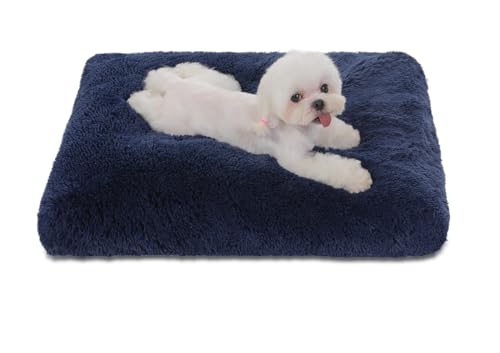 Bedfolks Waterproof Crate Bed, Plush Dog & Cat Kennel Pad with Removable Cover, Fluffy Washable Faux Fur Bed, 17"x12", Solid Dark Blue - color: Solid Dark Blue, size: XX-Small(17x12'')