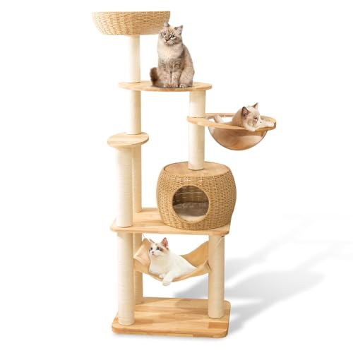 59" Big Modern Cat Tree Tower, Cat Tower Sisal-Covered Scratching Posts for Indoor Cats, Oak Wood Cat Tree for Large Cats, Multi-Level Cat Condo with Space Capsule Nest, Cat Furniture Activity Centre - color: DC888 new