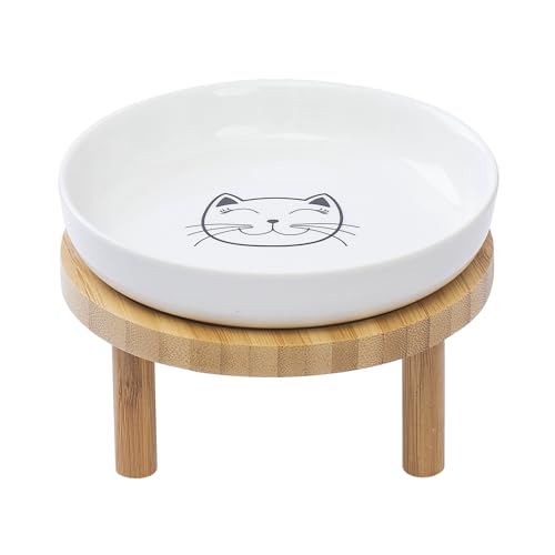 Lusifaco Shallow Elevated Cat Bowls,5.9 Inch Wide Raised Ceramic Cat Dishes with Bamboo Stand, Whisker Friendly Pet Water or Food Plates Feeding Station for Indoor Cats, Kitten(White,Set of 1) - color: White
